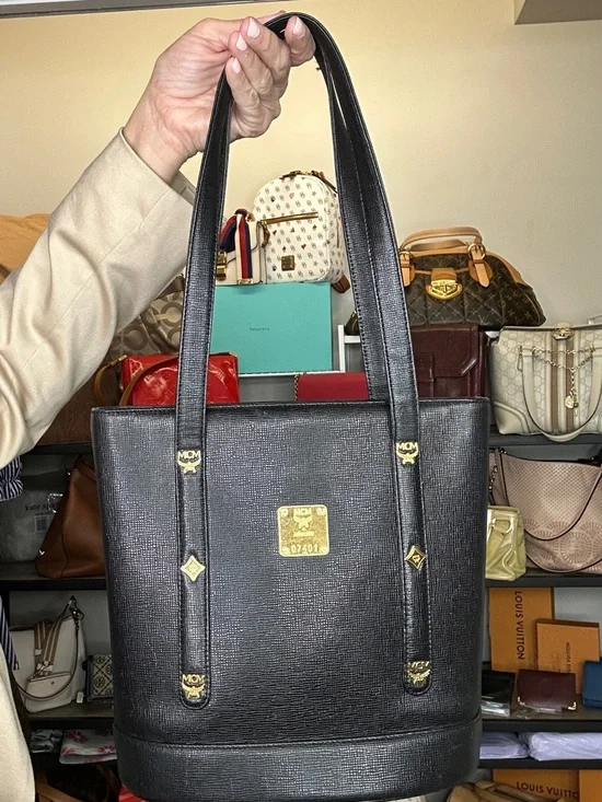 MCM Leather Bucket Tote Black Gold Hardware Structured Mini Tote Luxury Vintage - Picture 3 of 16